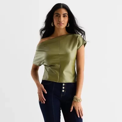 Bold Elements Womens Asymmetrical Neck Short Sleeve Blouse