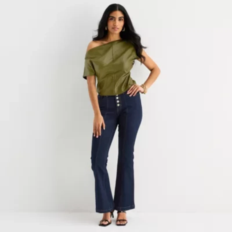 Bold Elements Womens Asymmetrical Neck Short Sleeve Blouse