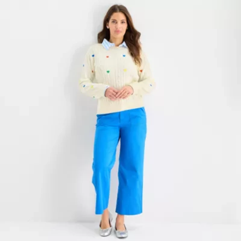 St. John's Bay Womens Crew Neck Long Sleeve Hearts Cable Knit Pullover Sweater