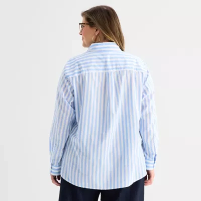 St. John's Bay Womens Plus Roll Tab Long Sleeve Regular Fit Button-Down Shirt