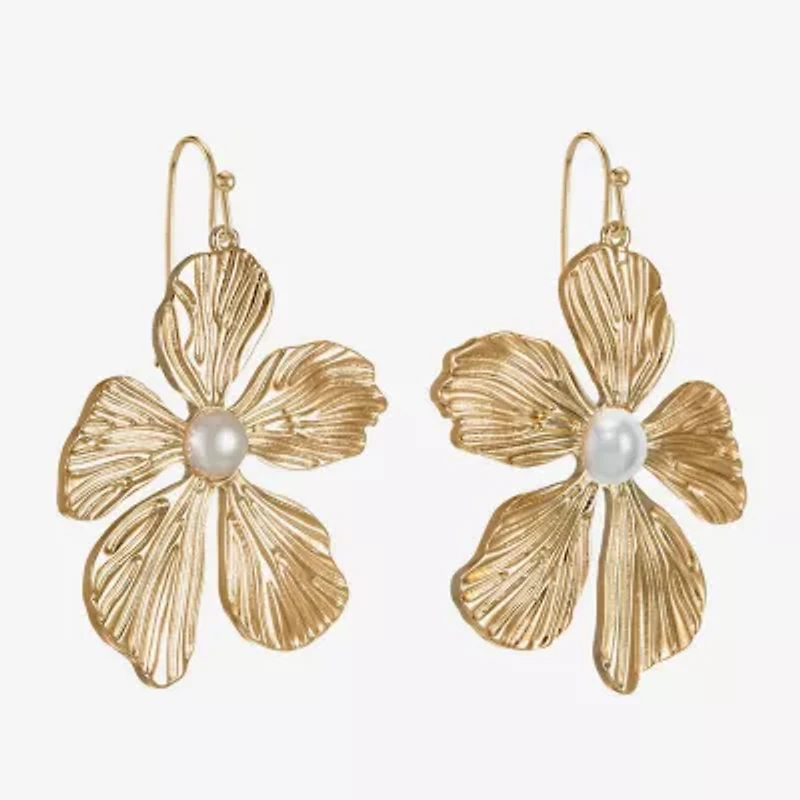 Bijoux Bar Gold Tone Womens White Simulated Pearl Flower Drop Earrings