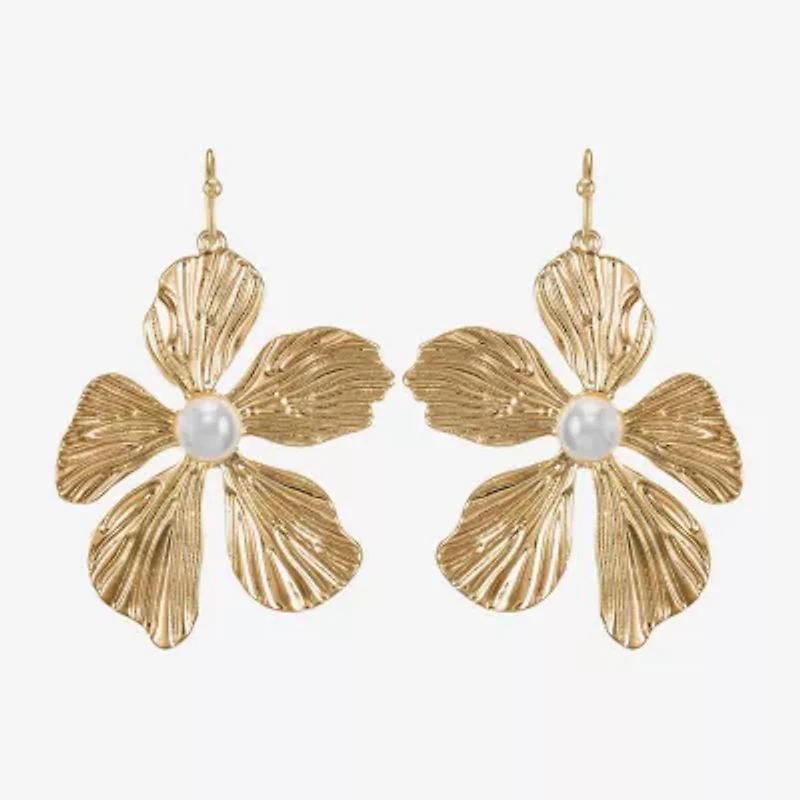 Bijoux Bar Gold Tone Womens White Simulated Pearl Flower Drop Earrings