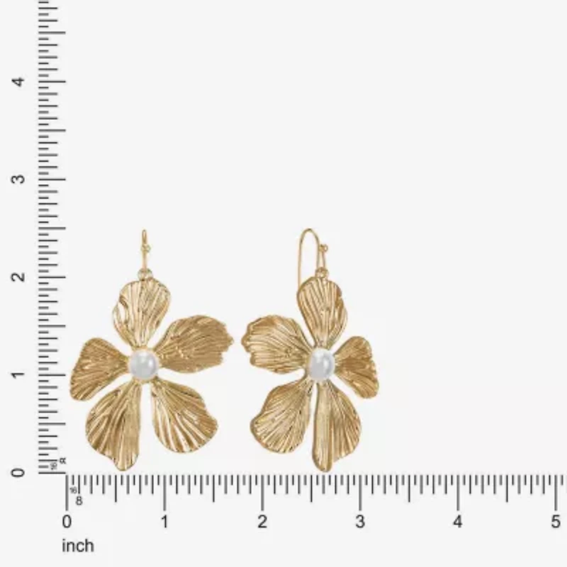 Bijoux Bar Gold Tone Womens White Simulated Pearl Flower Drop Earrings