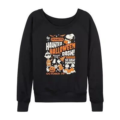 Peanuts Haunted Haloween Womens Round Neck Long Sleeve Regular Fit Graphic T-Shirt