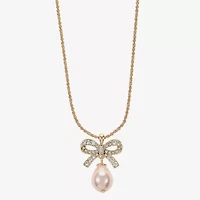 Monet Jewelry Gold Tone Womens Glass Simulated Pearl Bow 17 Inch Pendant Necklace