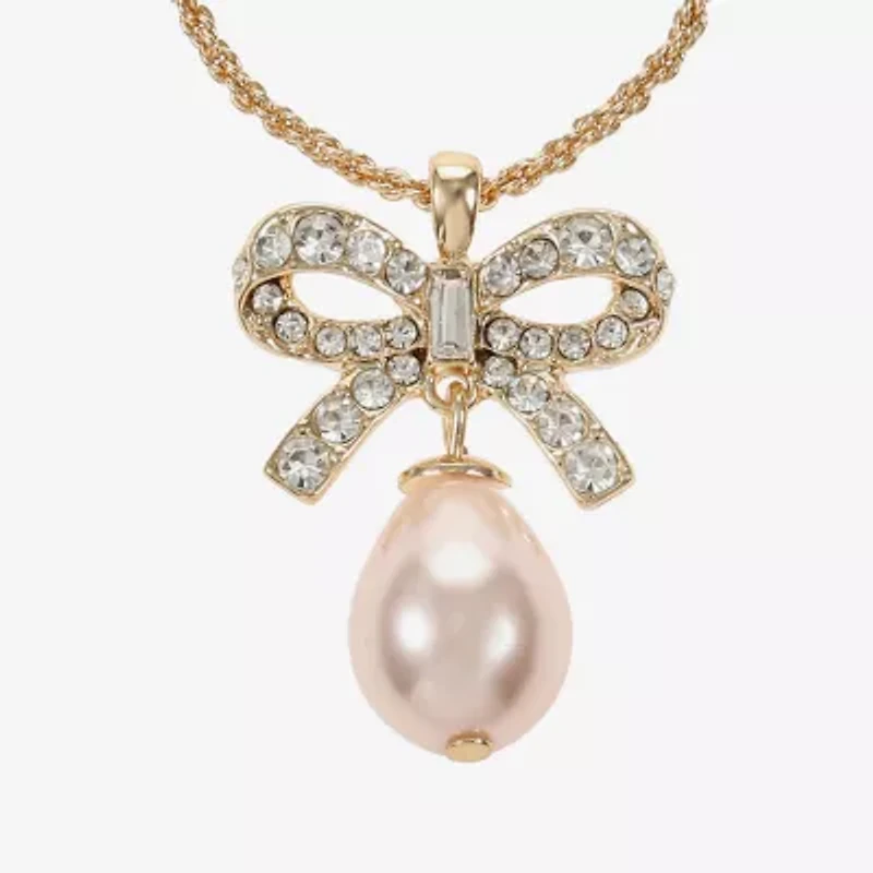 Monet Jewelry Gold Tone Womens Glass Simulated Pearl Bow 17 Inch Pendant Necklace