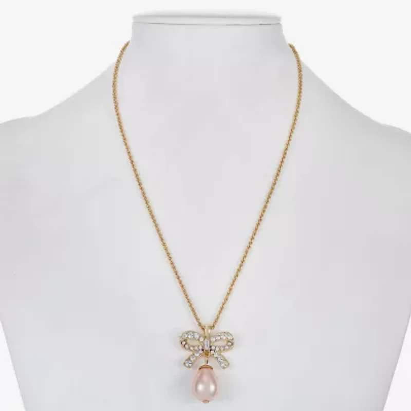 Monet Jewelry Gold Tone Womens Glass Simulated Pearl Bow 17 Inch Pendant Necklace