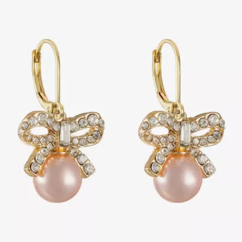Monet Jewelry Gold Tone Womens Glass Simulated Pearl Bow Drop Earrings