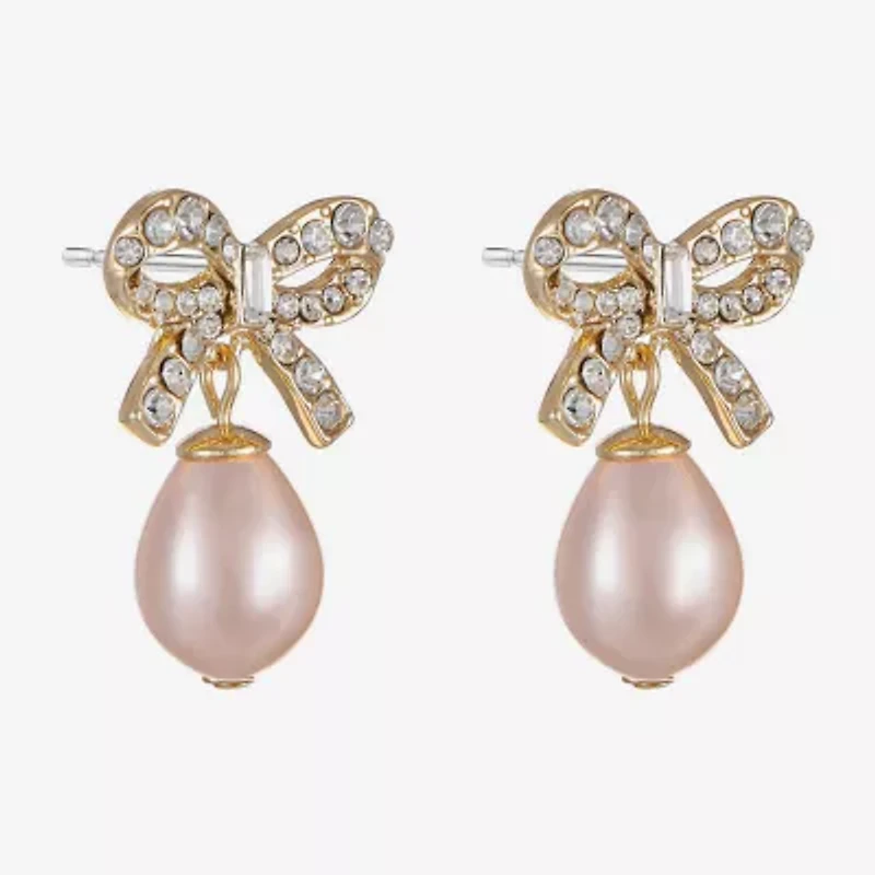 Monet Jewelry Gold Tone Womens Glass Simulated Pearl Bow Hypoallergenic Drop Earrings