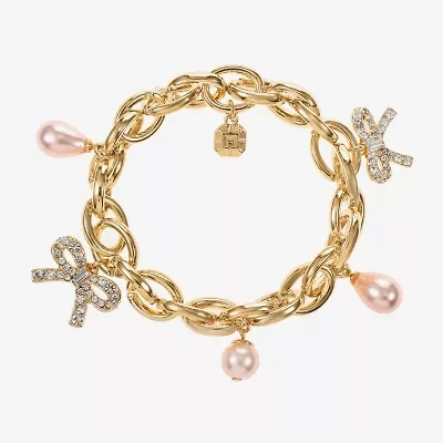 Monet Jewelry Gold Tone Womens Glass Simulated Pearl Bow Charm Bracelet