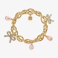 Monet Jewelry Gold Tone Womens Glass Simulated Pearl Bow Charm Bracelet