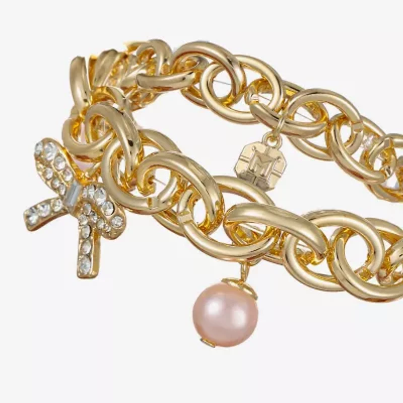 Monet Jewelry Gold Tone Womens Glass Simulated Pearl Bow Charm Bracelet