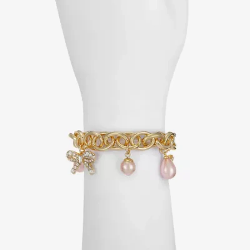 Monet Jewelry Gold Tone Womens Glass Simulated Pearl Bow Charm Bracelet