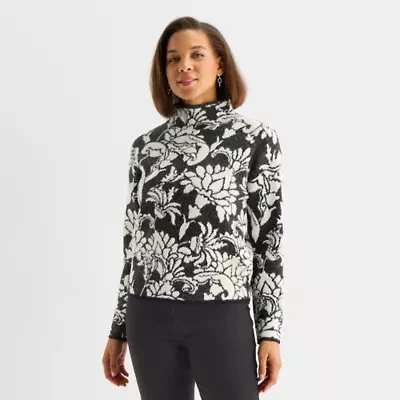 Liz Claiborne Tall Womens Funnel Neck Long Sleeve Floral Pullover Sweater
