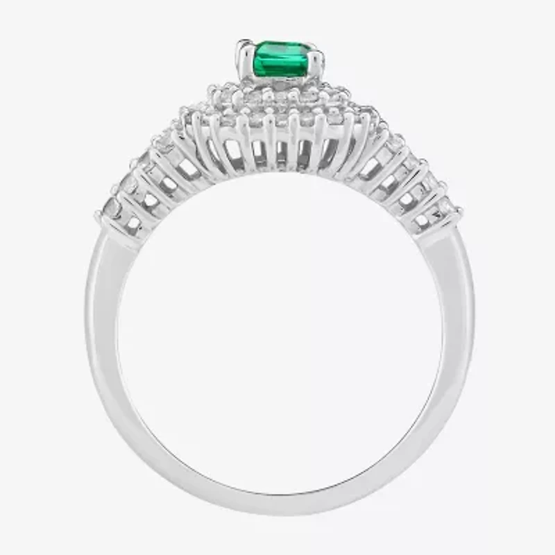 Limited Quantities! Womens Lab Created Green Emerald Sterling Silver Halo Side Stone Cocktail Ring