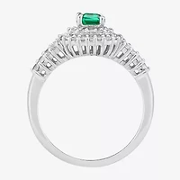 Limited Quantities! Womens Lab Created Green Emerald Sterling Silver Halo Side Stone Cocktail Ring