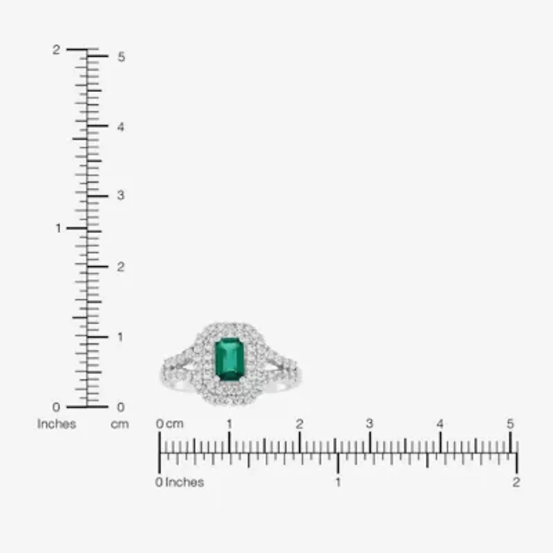 Limited Quantities! Womens Lab Created Green Emerald Sterling Silver Halo Side Stone Cocktail Ring