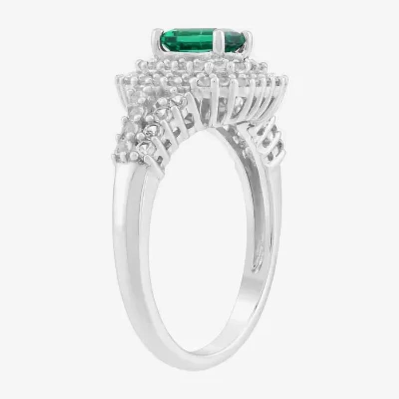 Limited Quantities! Womens Lab Created Green Emerald Sterling Silver Halo Side Stone Cocktail Ring