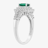 Limited Quantities! Womens Lab Created Green Emerald Sterling Silver Halo Side Stone Cocktail Ring
