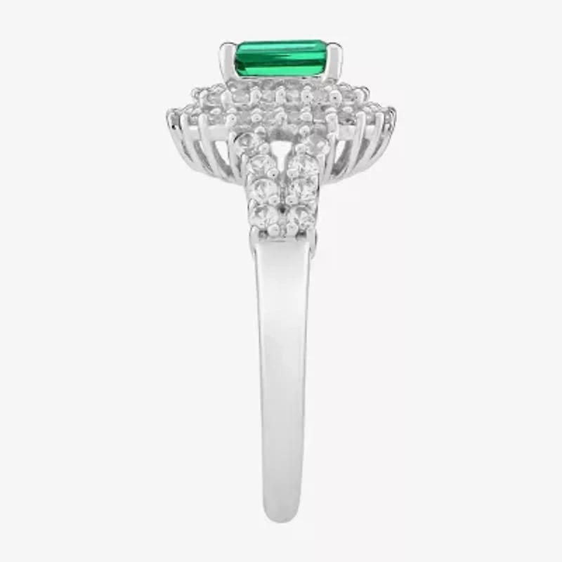 Limited Quantities! Womens Lab Created Green Emerald Sterling Silver Halo Side Stone Cocktail Ring