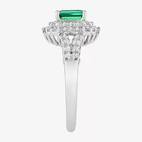 Limited Quantities! Womens Lab Created Green Emerald Sterling Silver Halo Side Stone Cocktail Ring