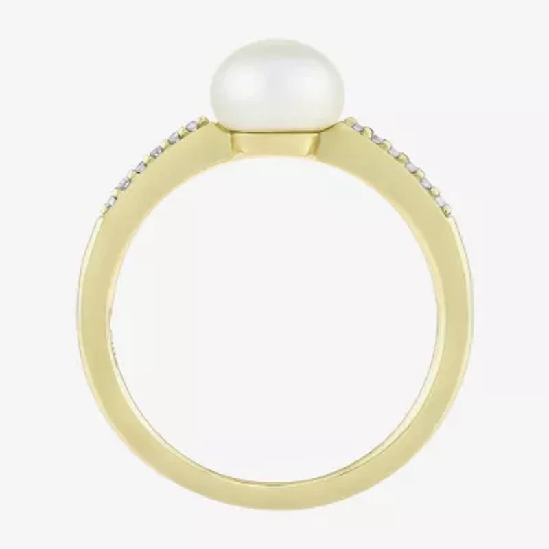 Limited Quantities! Womens Diamond Accent 7MM White Cultured Freshwater Pearl 10K Gold Side Stone Cocktail Ring