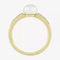 Limited Quantities! Womens Diamond Accent 7MM White Cultured Freshwater Pearl 10K Gold Side Stone Cocktail Ring