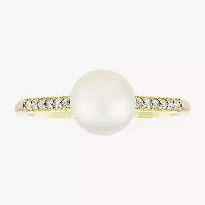 Limited Quantities! Womens Diamond Accent 7MM White Cultured Freshwater Pearl 10K Gold Side Stone Cocktail Ring