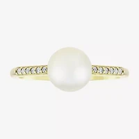 Limited Quantities! Womens Diamond Accent 7MM White Cultured Freshwater Pearl 10K Gold Side Stone Cocktail Ring