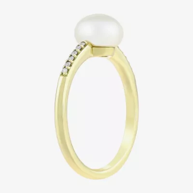 Limited Quantities! Womens Diamond Accent 7MM White Cultured Freshwater Pearl 10K Gold Side Stone Cocktail Ring