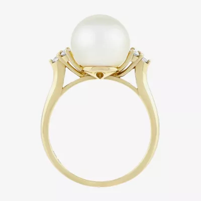 Limited Quantities! Womens 10MM White Cultured Freshwater Pearl 10K Gold Side Stone Cocktail Ring
