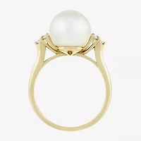 Limited Quantities! Womens 10MM White Cultured Freshwater Pearl 10K Gold Side Stone Cocktail Ring