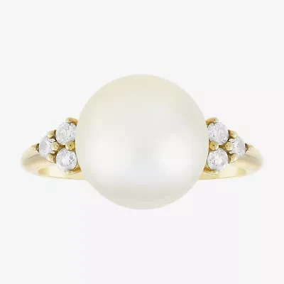 Limited Quantities! Womens 10MM White Cultured Freshwater Pearl 10K Gold Side Stone Cocktail Ring
