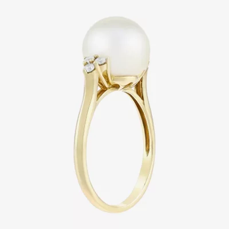 Limited Quantities! Womens 10MM White Cultured Freshwater Pearl 10K Gold Side Stone Cocktail Ring