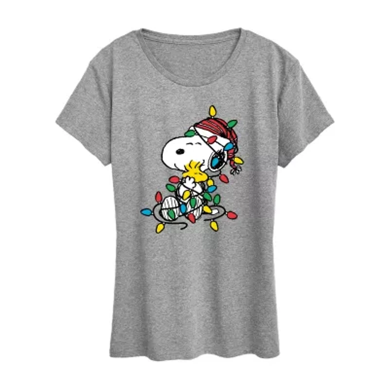 Snoopy Woodstock Christmas Womens Round Neck Short Sleeve Regular Fit Graphic T-Shirt