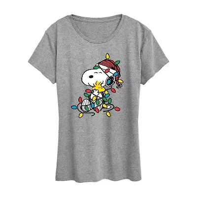 Snoopy Woodstock Christmas Womens Round Neck Short Sleeve Regular Fit Graphic T-Shirt