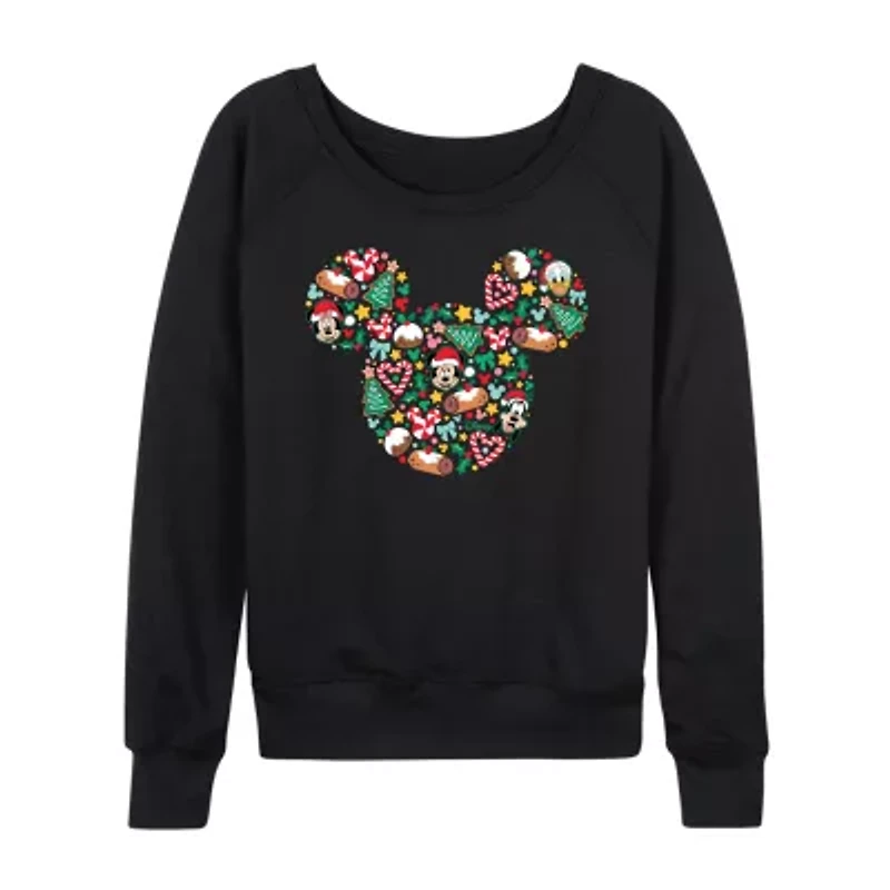 Womens Boat Neck Long Sleeve Regular Fit Mickey and Friends Graphic T-Shirt