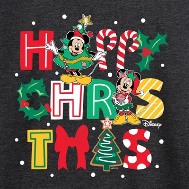 Mickey Happy Chrstms Womens Round Neck Long Sleeve Regular Fit and Friends Graphic T-Shirt