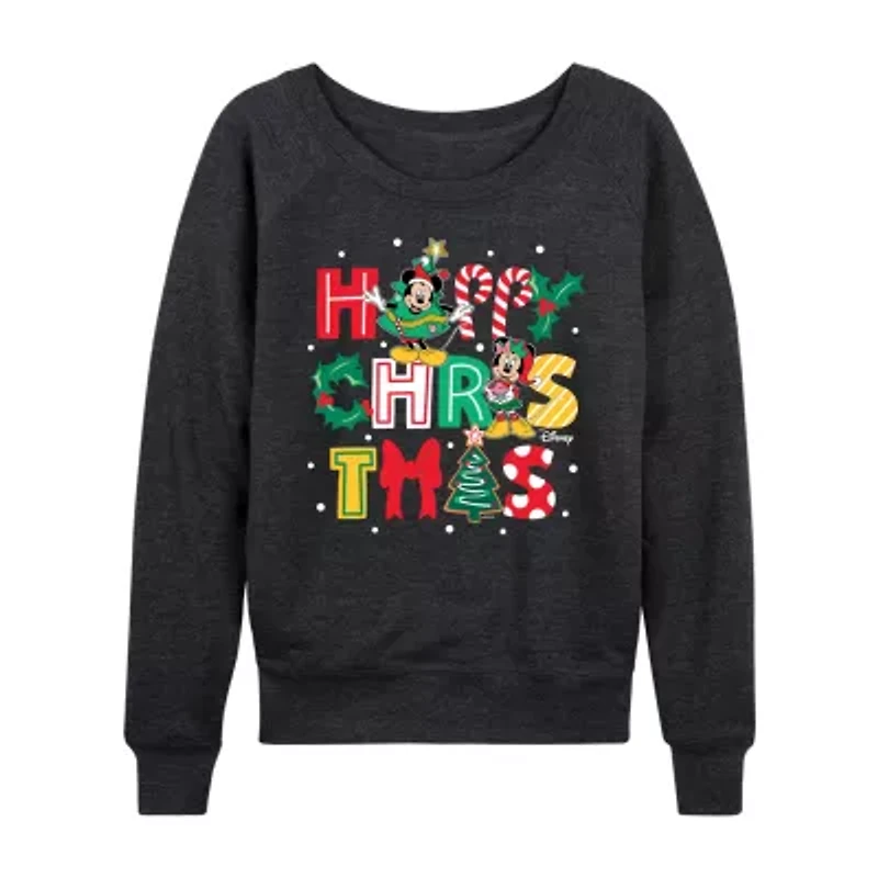 Mickey Happy Chrstms Womens Round Neck Long Sleeve Regular Fit and Friends Graphic T-Shirt