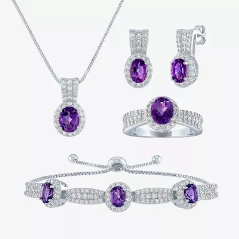 Womens Lab Created Purple Amethyst Pure Silver Over Brass Oval 4-pc. Jewelry Set