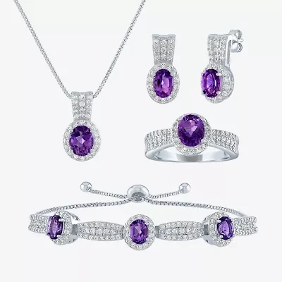Womens Lab Created Purple Amethyst Pure Silver Over Brass Oval 4-pc. Jewelry Set