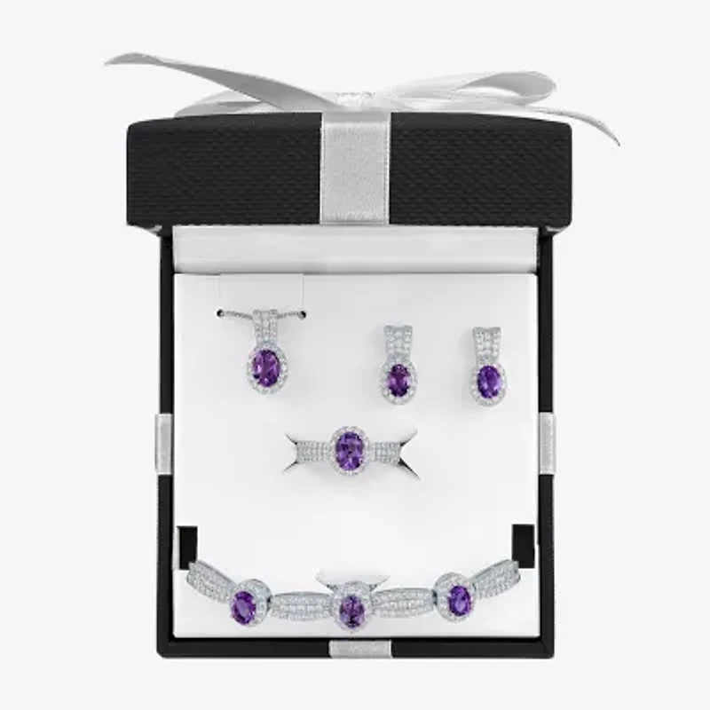 Womens Lab Created Purple Amethyst Pure Silver Over Brass Oval 4-pc. Jewelry Set