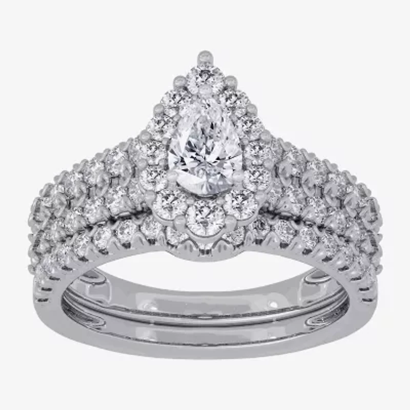 Signature By Modern Bride (H-I / Si1-Si2) Womens 2 CT. T.W. Lab Grown White Diamond 10K Gold Pear Side Stone Halo Bridal Set