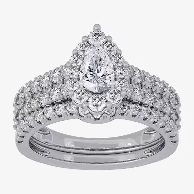 Signature By Modern Bride (H-I / Si1-Si2) Womens 2 CT. T.W. Lab Grown White Diamond 10K Gold Pear Side Stone Halo Bridal Set