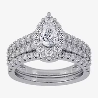 Signature By Modern Bride (H-I / Si1-Si2) Womens 2 CT. T.W. Lab Grown White Diamond 10K Gold Pear Side Stone Halo Bridal Set