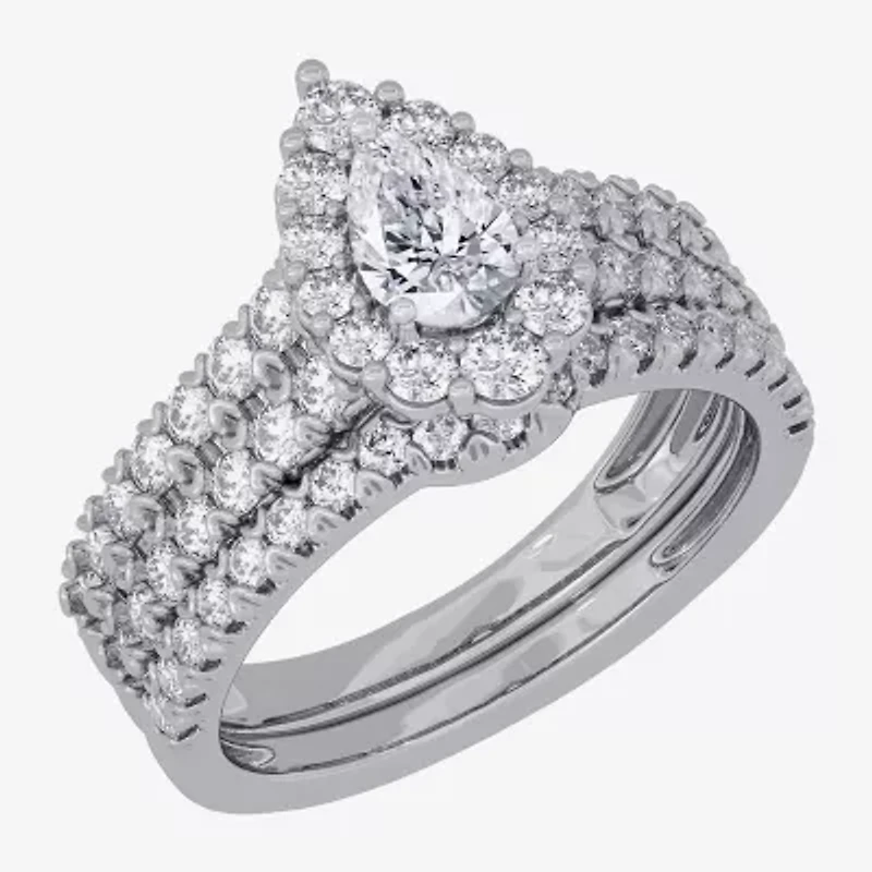 Signature By Modern Bride (H-I / Si1-Si2) Womens 2 CT. T.W. Lab Grown White Diamond 10K Gold Pear Side Stone Halo Bridal Set