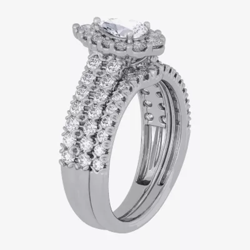 Signature By Modern Bride (H-I / Si1-Si2) Womens 2 CT. T.W. Lab Grown White Diamond 10K Gold Pear Side Stone Halo Bridal Set