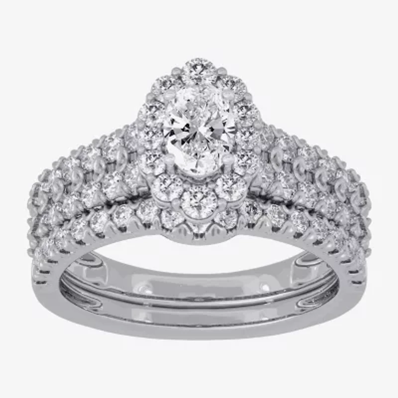 H-I / Si1-Si2) Womens CT. T.W. Lab Grown White Diamond 10K Gold Oval Side Stone Halo Bridal Set