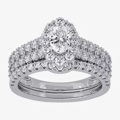 H-I / Si1-Si2) Womens CT. T.W. Lab Grown White Diamond 10K Gold Oval Side Stone Halo Bridal Set