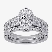 H-I / Si1-Si2) Womens CT. T.W. Lab Grown White Diamond 10K Gold Oval Side Stone Halo Bridal Set